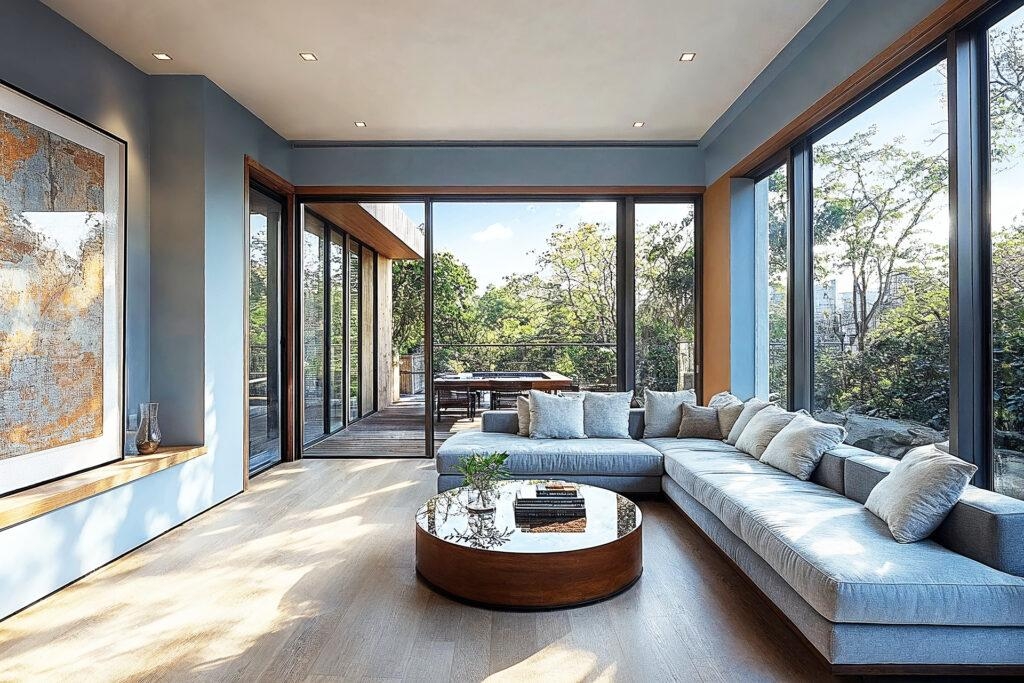 Modern luxury living room in Singapore home with panoramic glass windows
