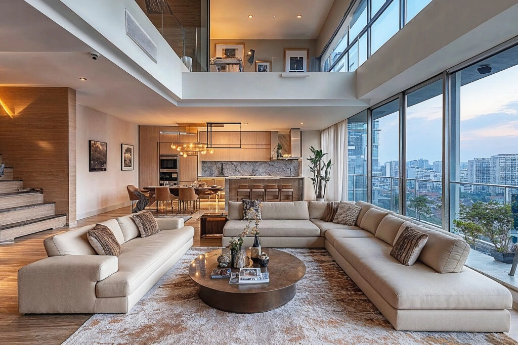 Luxury penthouse interior in Singapore with modern living room